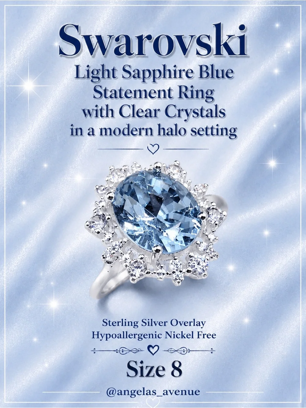 Swarovski Light Sapphire Blue Statement Ring with Clear Crystals Size 8 Silver